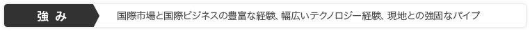 強み：国際市場と国際ビジネスの豊富な経験、幅広いテクノロジー経験、現地との強固なパイプ